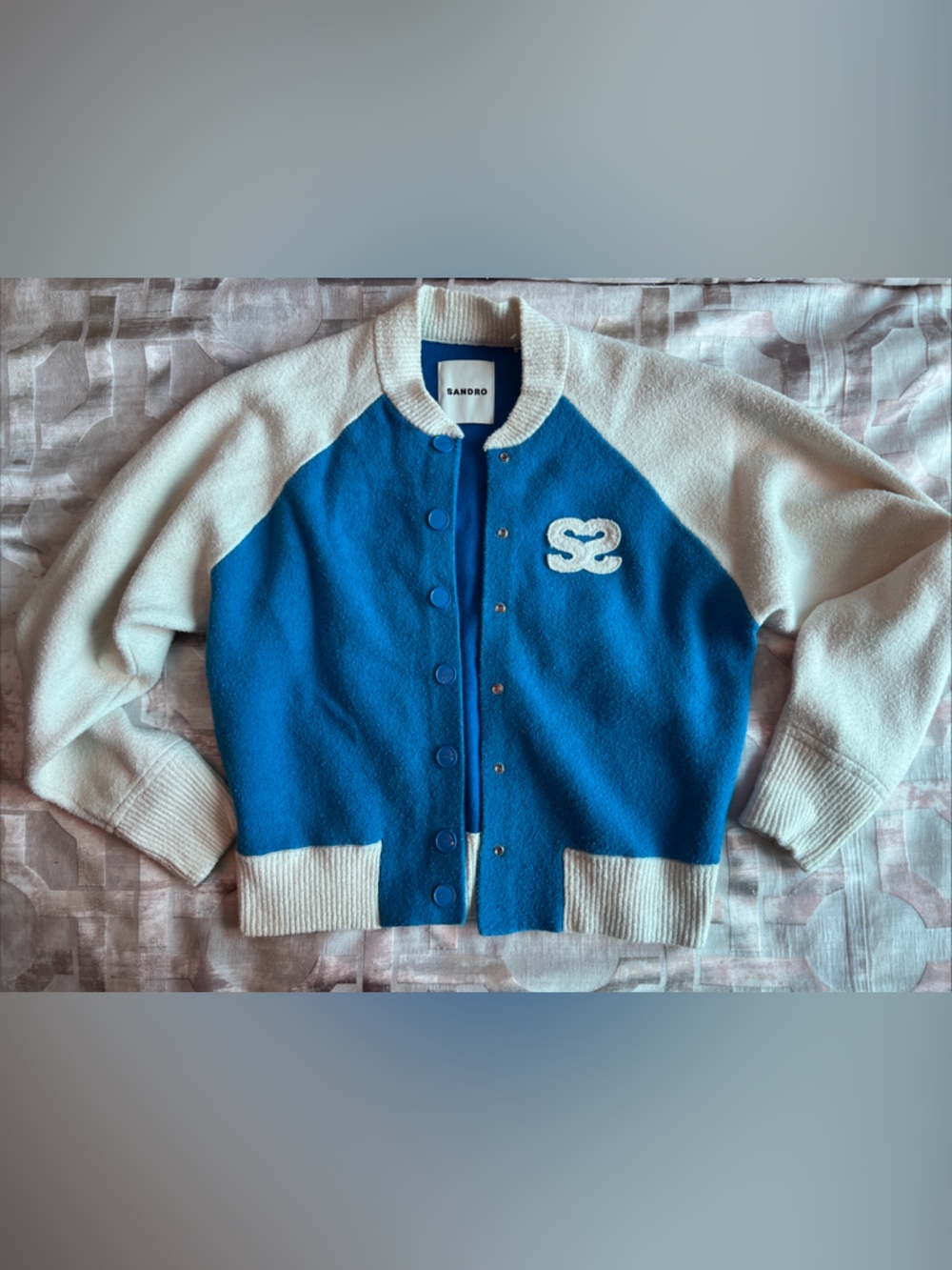 Ladies Sandro Cardigan Sweater Size 1 Blue White Button Down